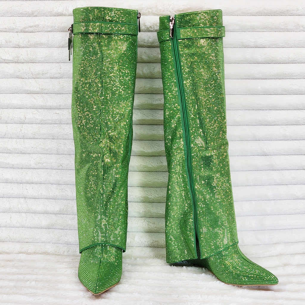 Super Sparkle Sharky Skirted Fold Over Wedge Heel Knee Boots Green - Totally Wicked Footwear