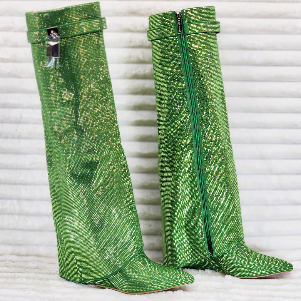 Super Sparkle Sharky Skirted Fold Over Wedge Heel Knee Boots Green - Totally Wicked Footwear