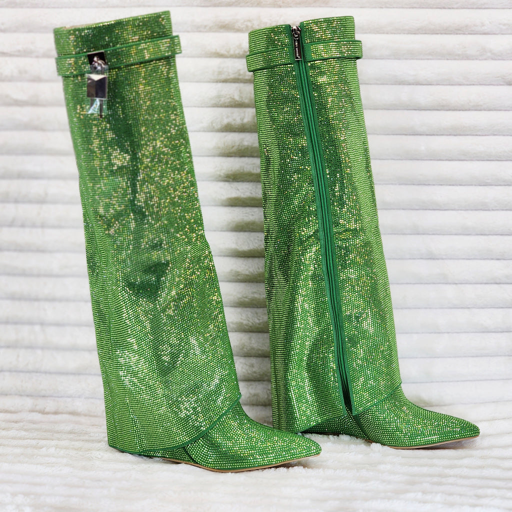 Super Sparkle Sharky Skirted Fold Over Wedge Heel Knee Boots Green - Totally Wicked Footwear