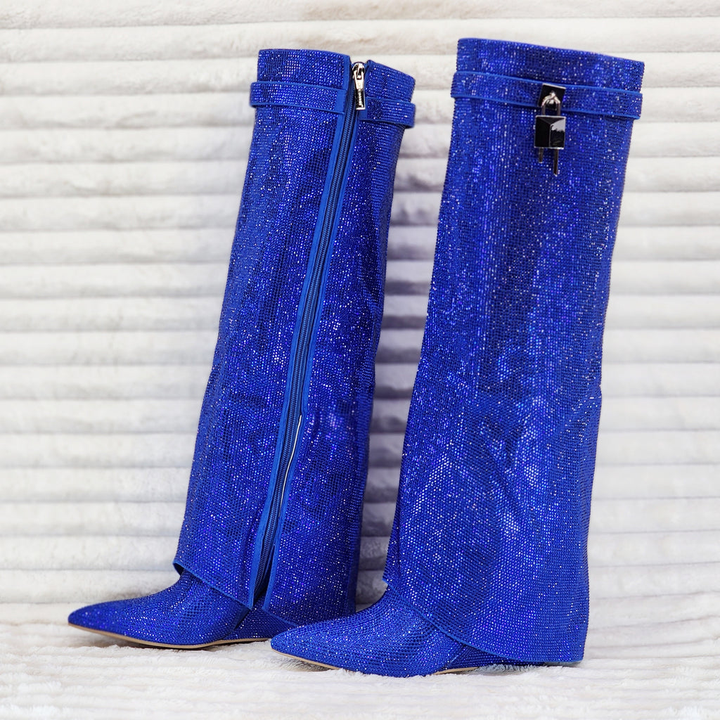 Super Sparkle Sharky Skirted Fold Over Wedge Heel Knee Boots Royal Blue - Totally Wicked Footwear