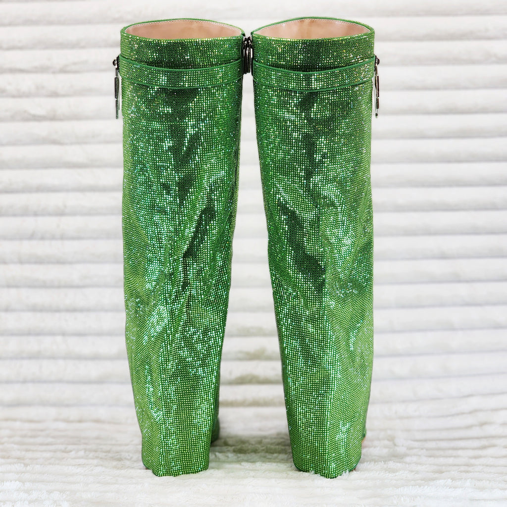 Super Sparkle Sharky Skirted Fold Over Wedge Heel Knee Boots Green - Totally Wicked Footwear