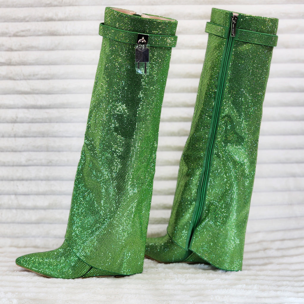 Super Sparkle Sharky Skirted Fold Over Wedge Heel Knee Boots Green - Totally Wicked Footwear