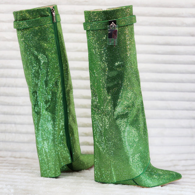 Super Sparkle Sharky Skirted Fold Over Wedge Heel Knee Boots Green - Totally Wicked Footwear