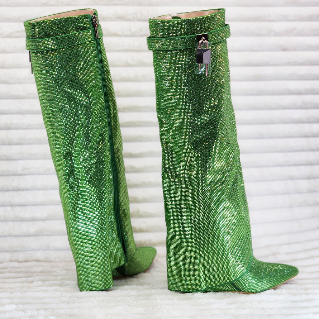 Super Sparkle Sharky Skirted Fold Over Wedge Heel Knee Boots Green - Totally Wicked Footwear