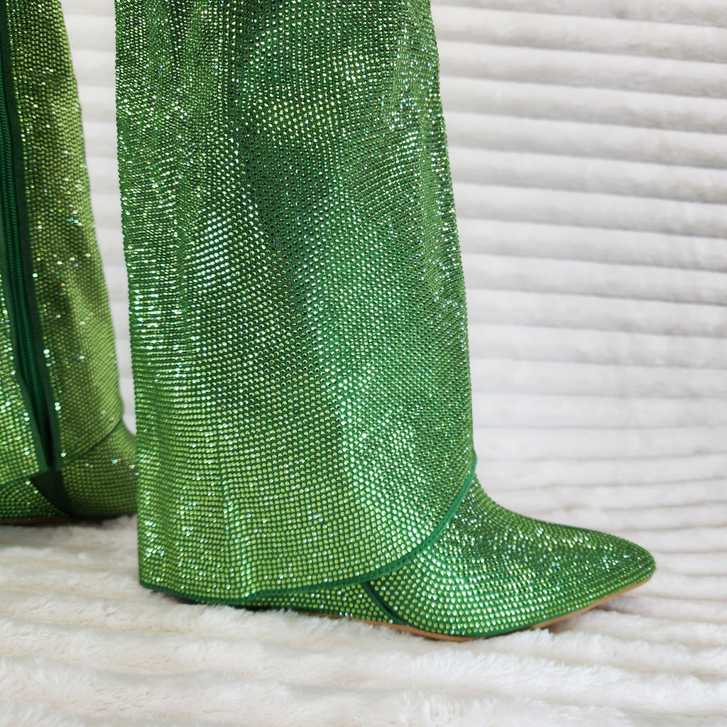 Super Sparkle Sharky Skirted Fold Over Wedge Heel Knee Boots Green - Totally Wicked Footwear