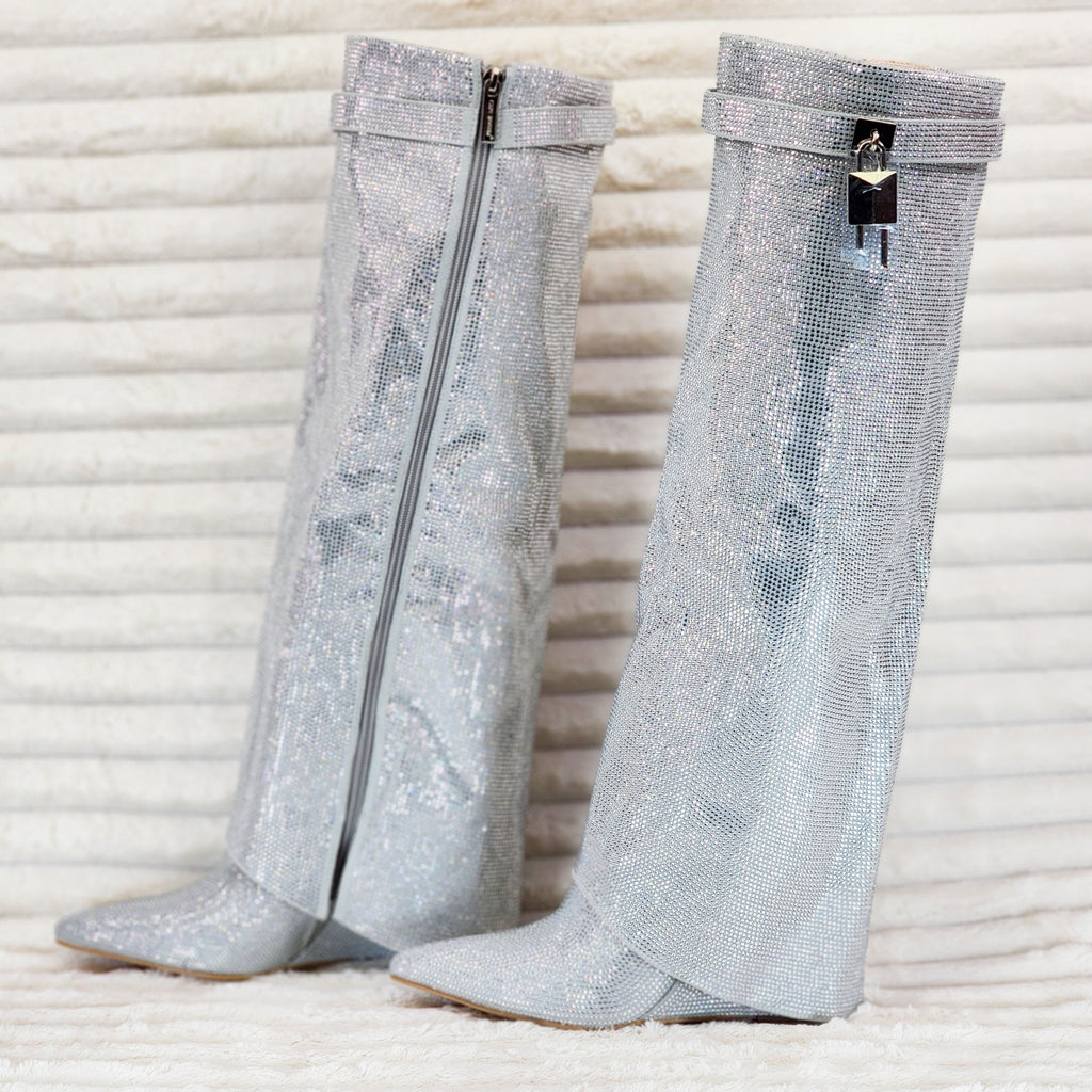 Super Sparkle Sharky Skirted Fold Over Wedge Heel Knee Boots Silver - Totally Wicked Footwear