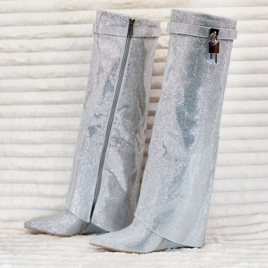 Super Sparkle Sharky Skirted Fold Over Wedge Heel Knee Boots Silver - Totally Wicked Footwear