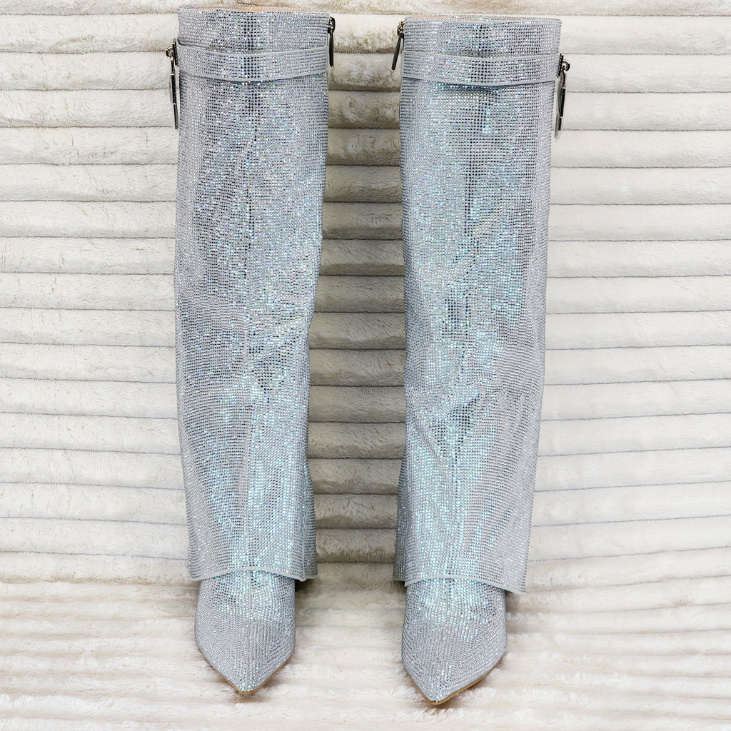 Super Sparkle Sharky Skirted Fold Over Wedge Heel Knee Boots Silver - Totally Wicked Footwear