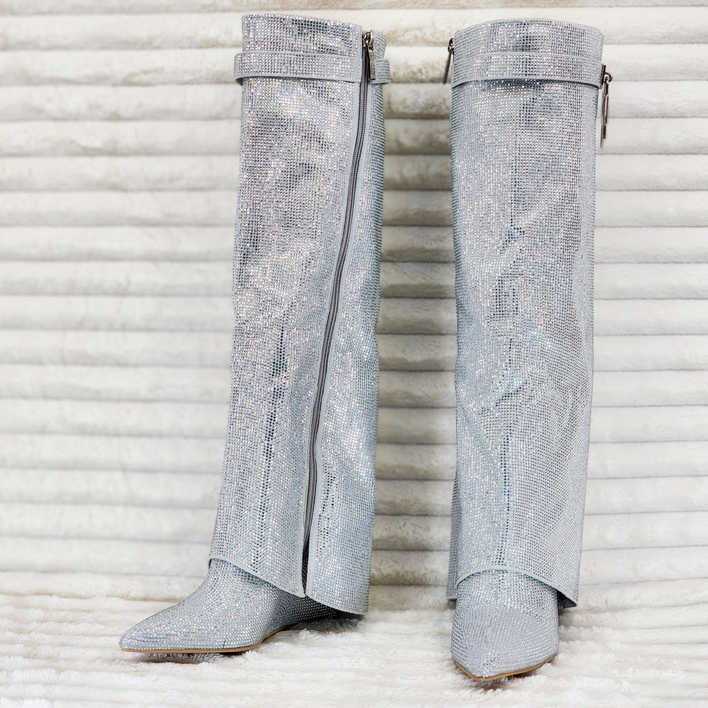 Super Sparkle Sharky Skirted Fold Over Wedge Heel Knee Boots Silver - Totally Wicked Footwear