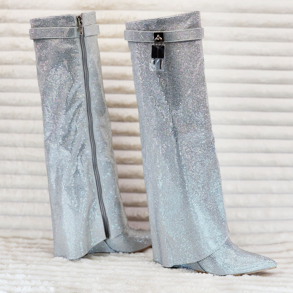 Super Sparkle Sharky Skirted Fold Over Wedge Heel Knee Boots Silver - Totally Wicked Footwear