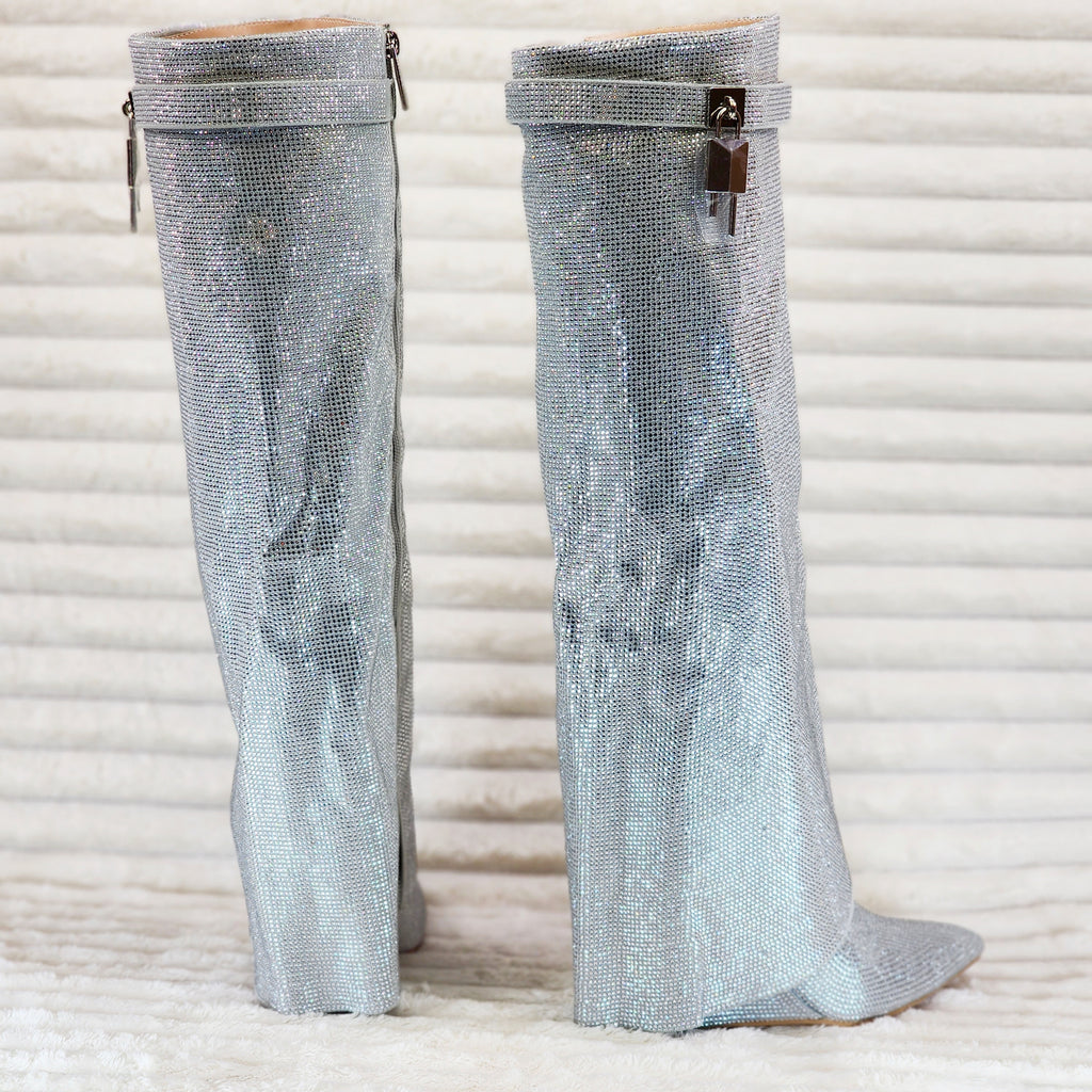 Super Sparkle Sharky Skirted Fold Over Wedge Heel Knee Boots Silver - Totally Wicked Footwear
