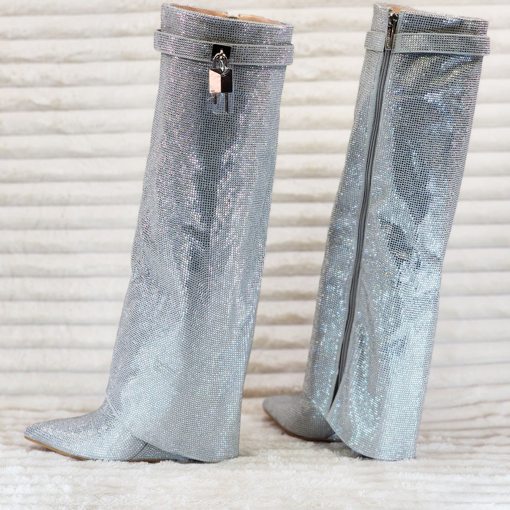 Super Sparkle Sharky Skirted Fold Over Wedge Heel Knee Boots Silver - Totally Wicked Footwear