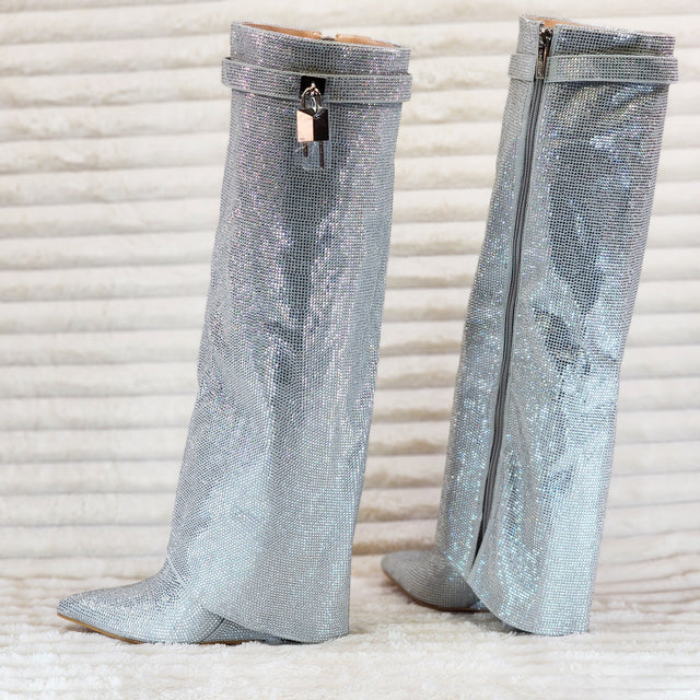 Super Sparkle Sharky Skirted Fold Over Wedge Heel Knee Boots Silver - Totally Wicked Footwear