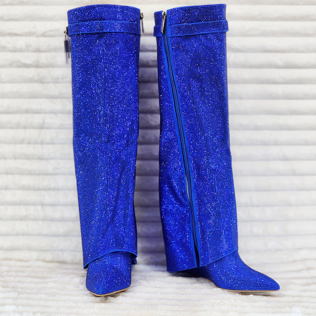 Super Sparkle Sharky Skirted Fold Over Wedge Heel Knee Boots Royal Blue - Totally Wicked Footwear