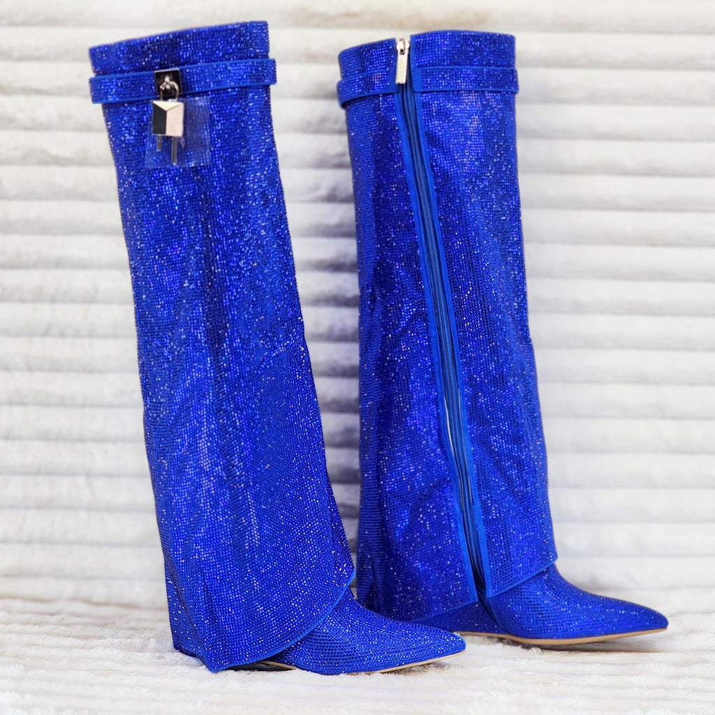Super Sparkle Sharky Skirted Fold Over Wedge Heel Knee Boots Royal Blue - Totally Wicked Footwear
