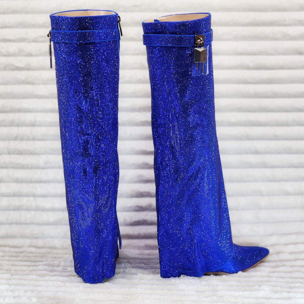 Super Sparkle Sharky Skirted Fold Over Wedge Heel Knee Boots Royal Blue - Totally Wicked Footwear