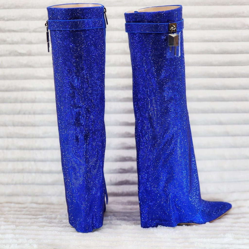 Super Sparkle Sharky Skirted Fold Over Wedge Heel Knee Boots Royal Blue - Totally Wicked Footwear