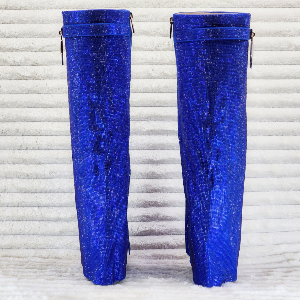 Super Sparkle Sharky Skirted Fold Over Wedge Heel Knee Boots Royal Blue - Totally Wicked Footwear