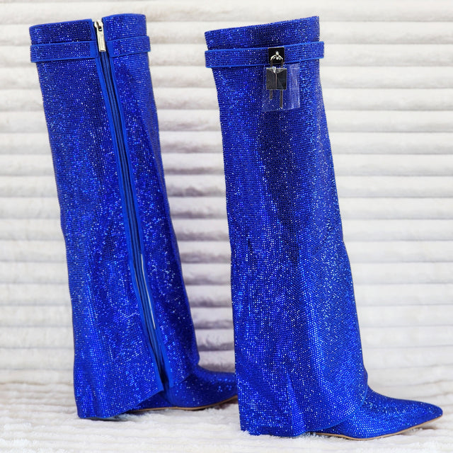 Super Sparkle Sharky Skirted Fold Over Wedge Heel Knee Boots Royal Blue - Totally Wicked Footwear