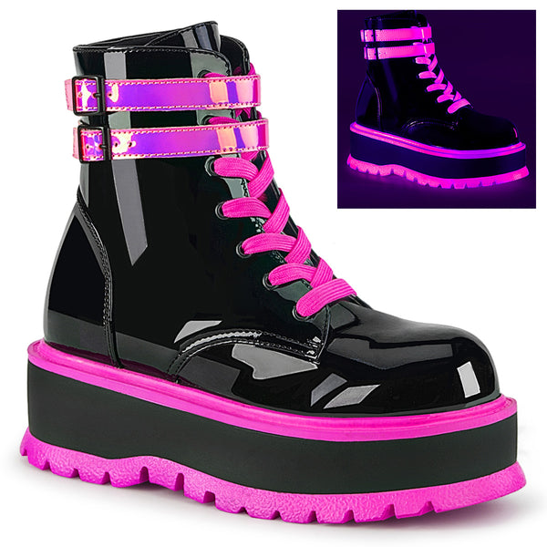 Slacker 52 Black Patent Pink UV Neon Platform Cyber Ankle Boots - Demonia  Direct