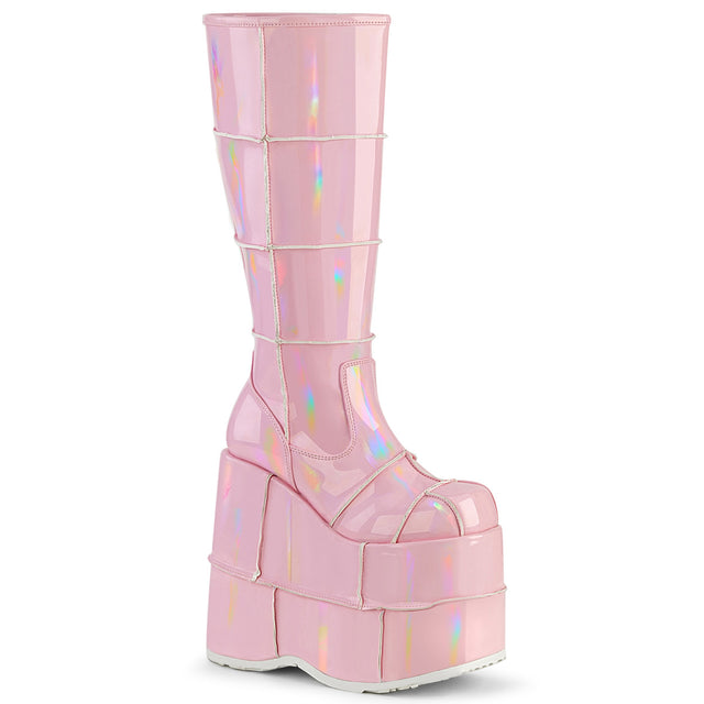Stack 301 Cyber Goth Gogo  7" Stacked Platform Knee High Boot Pink Hologram  - Demonia Direct - Totally Wicked Footwear