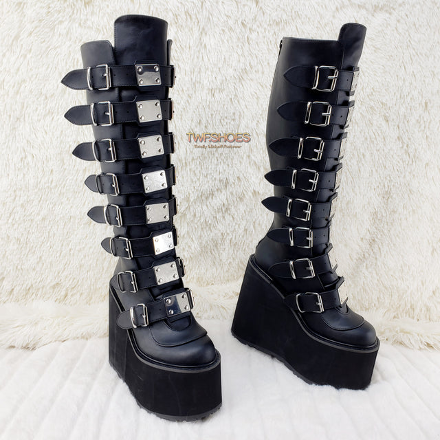 Demonia Swing 815 Black Matte Multi Buckle Goth Knee Boot 5.5" Platform Vegan - Totally Wicked Footwear