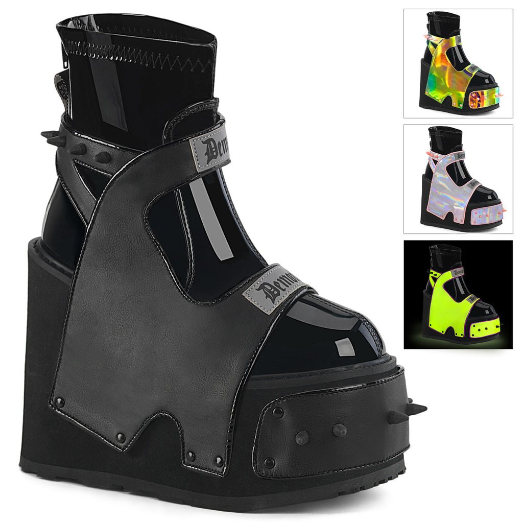 Transformer 808 Black Patent Harness Panel Ankle Boots - Demonia Direct - Totally Wicked Footwear