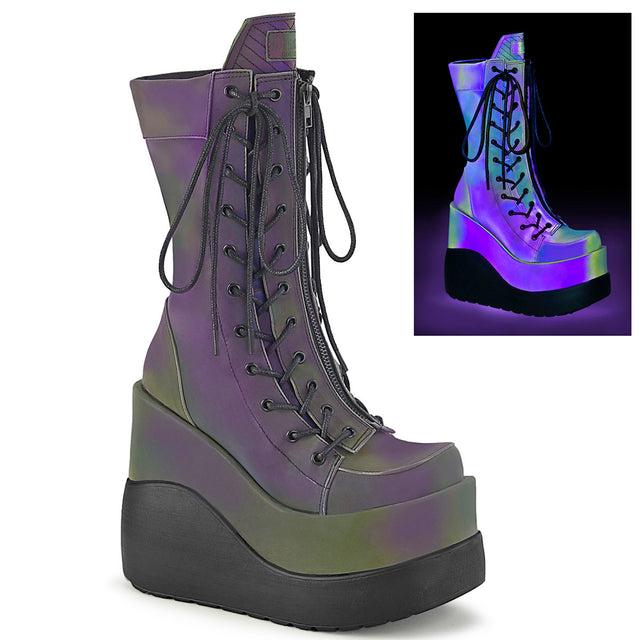 Void 118 Purple Green Reflective Platform Mid Calf Boots - Totally Wicked Footwear