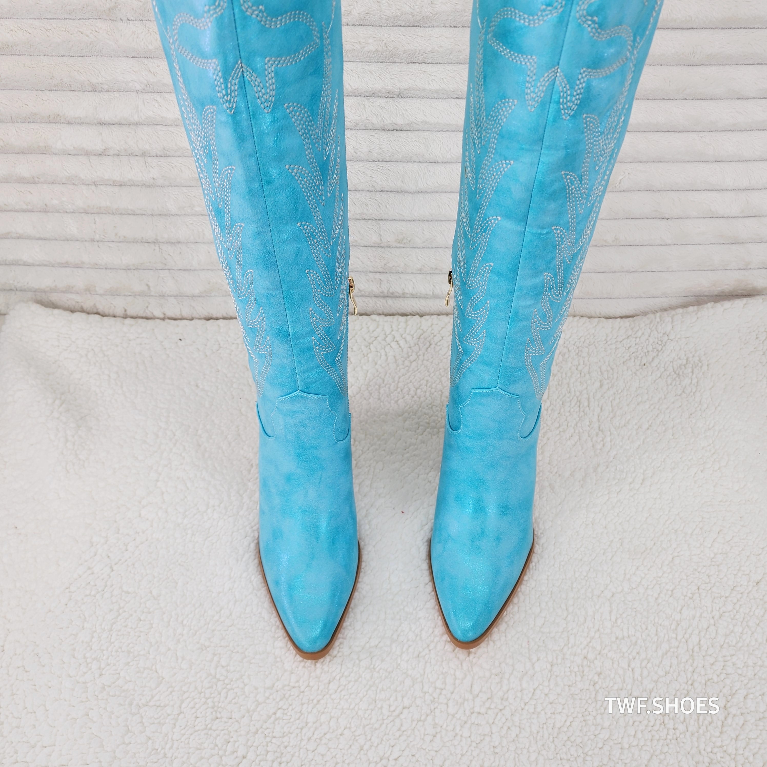 So Me Cruising Brushed Metallic Western Cowgirl Knee Boots Turquoise Blue - Totally Wicked Footwear
