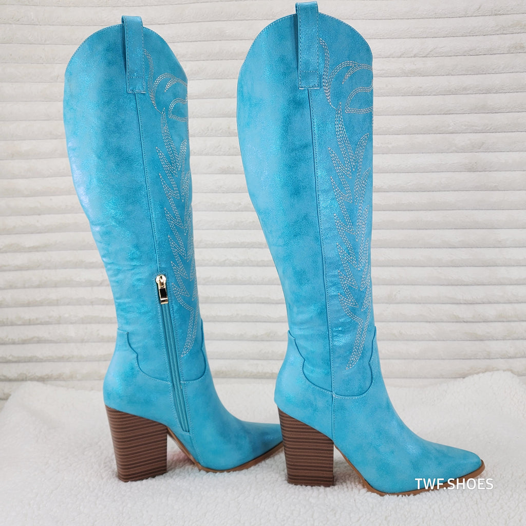So Me Cruising Brushed Metallic Western Cowgirl Knee Boots Turquoise Blue - Totally Wicked Footwear