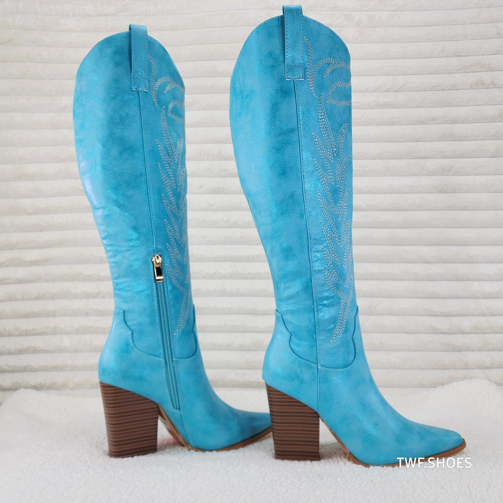 So Me Cruising Brushed Metallic Western Cowgirl Knee Boots Turquoise Blue - Totally Wicked Footwear