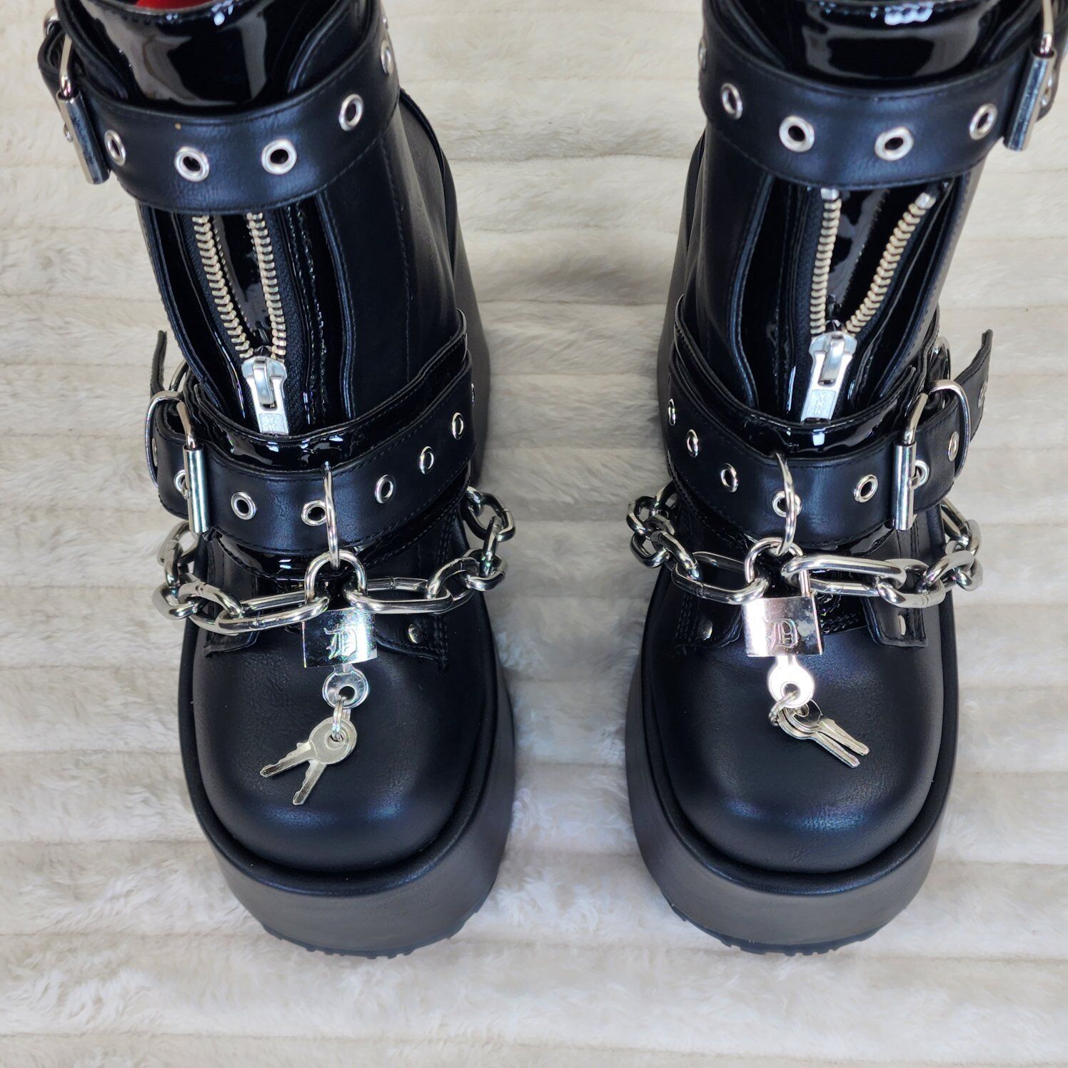 Camel 205 Chain & Padlock Platform Goth Ankle Boots Front Zipper & Straps - Totally Wicked Footwear