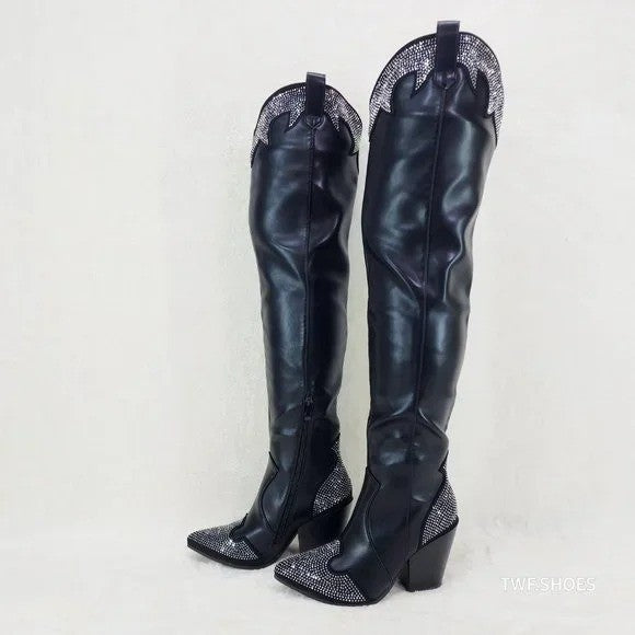 Primal Country Western Sexy Black OTK Thigh Boots With Rhinestone Trims