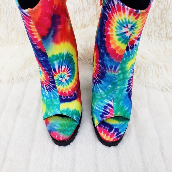 Trippin Colorful Tie Dye Open Toe Chunky Platform Heel Ankle Boots