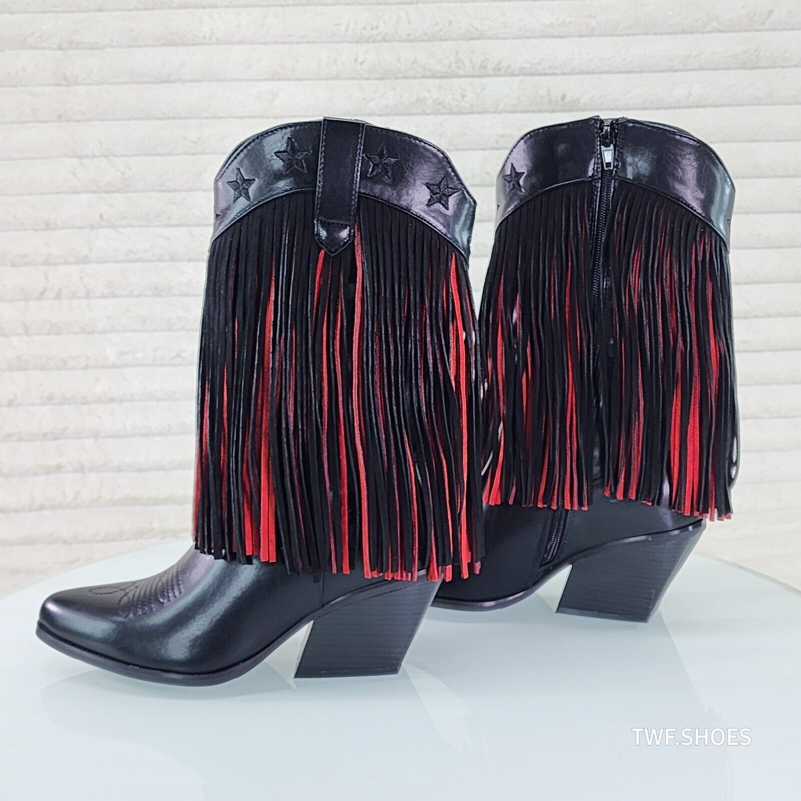 Country Swing Black and Red Fringe Western Cowgirl Boots Tuck Zipper - Totally Wicked Footwear