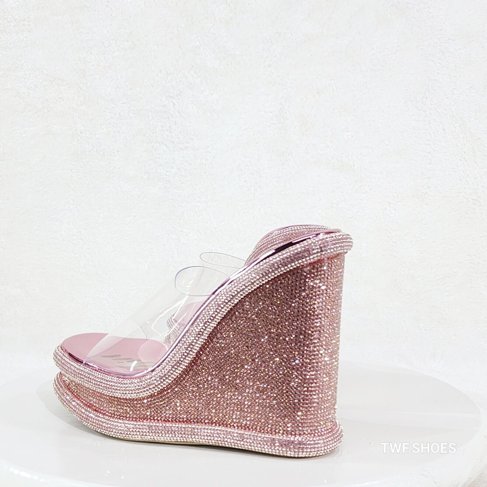 Zesty Pink Rose Gold Rhinestone Platform Wedge Heel Slip On Sandals - Totally Wicked Footwear