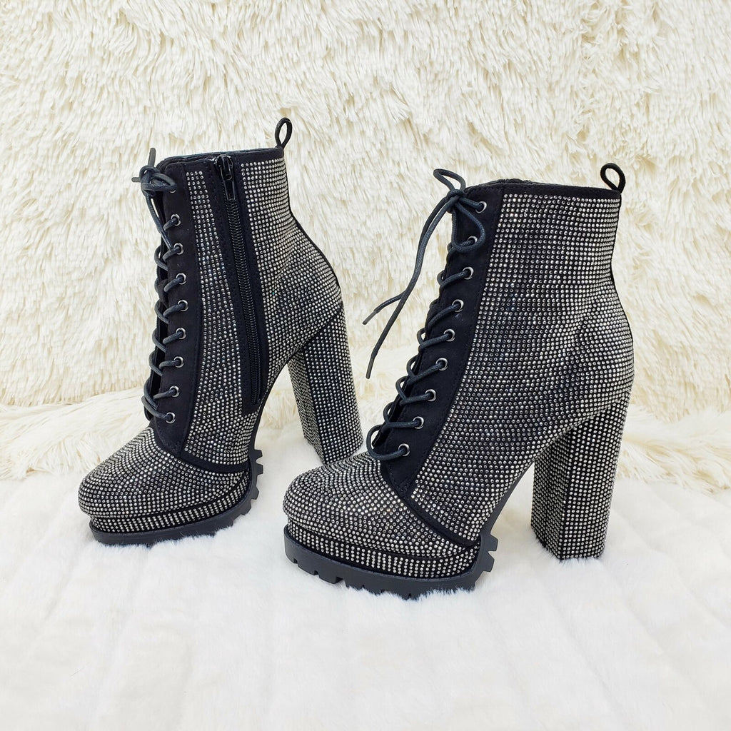 Wild Diva Vivian Lug Sole Rhinestone Chunky Block High Heel Ankle Boots Booties