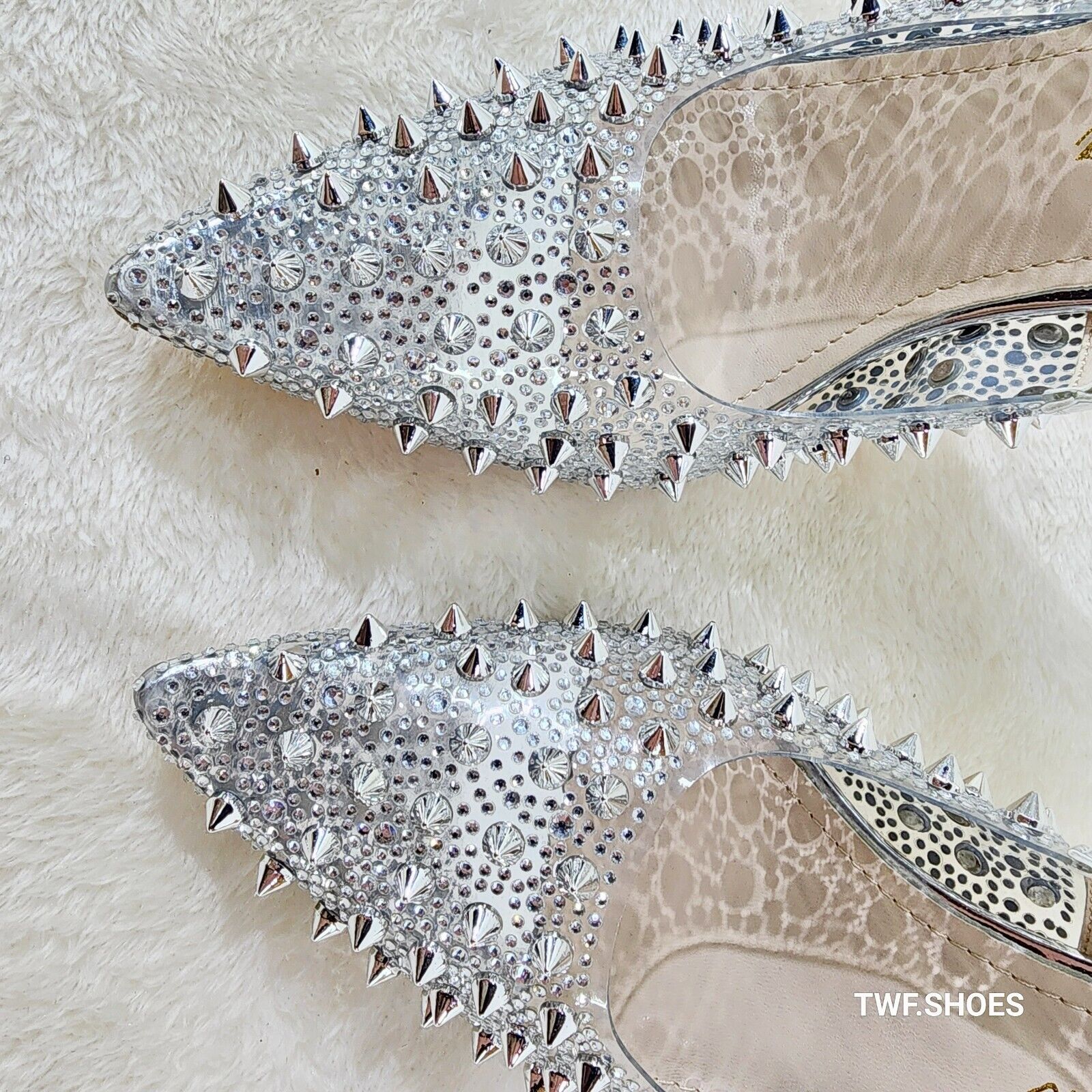 Spicy Stiletto PVC Clear Pumps Silver Studs & Rhinestone Pumps Stiletto Heels - Totally Wicked Footwear