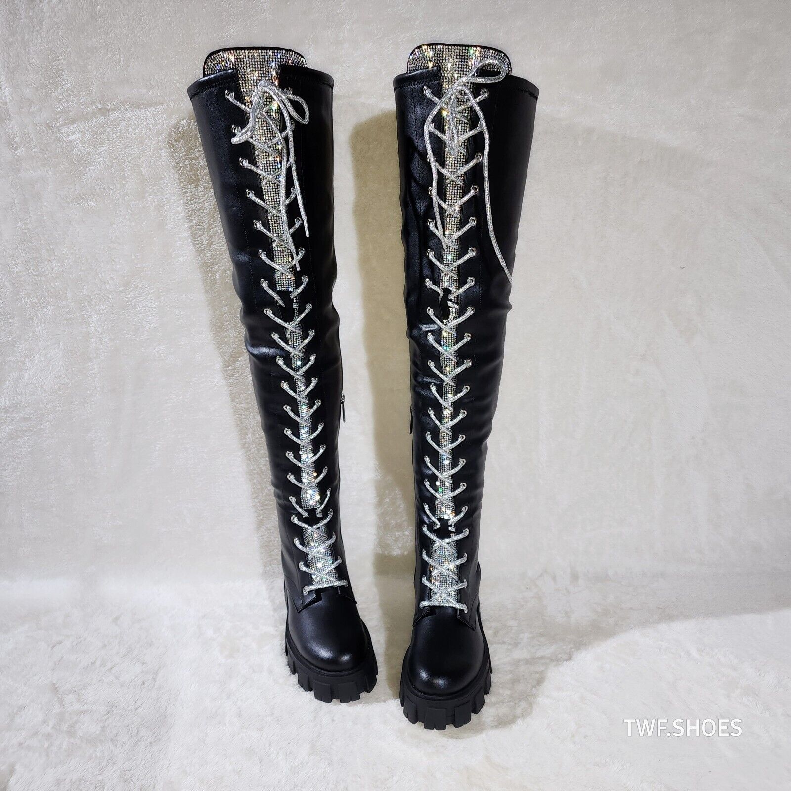 Roscoe Black Combat Thigh High Boots Iridescent Rhinestone Tongue Metallic Laces - Totally Wicked Footwear