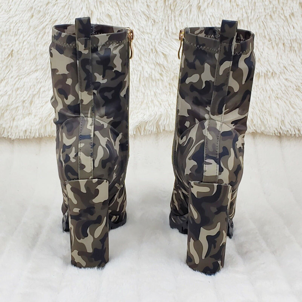 Natalie Camo Print Chunky Heel Stretch Open Toe Lug Sole Ankle Boots - Totally Wicked Footwear