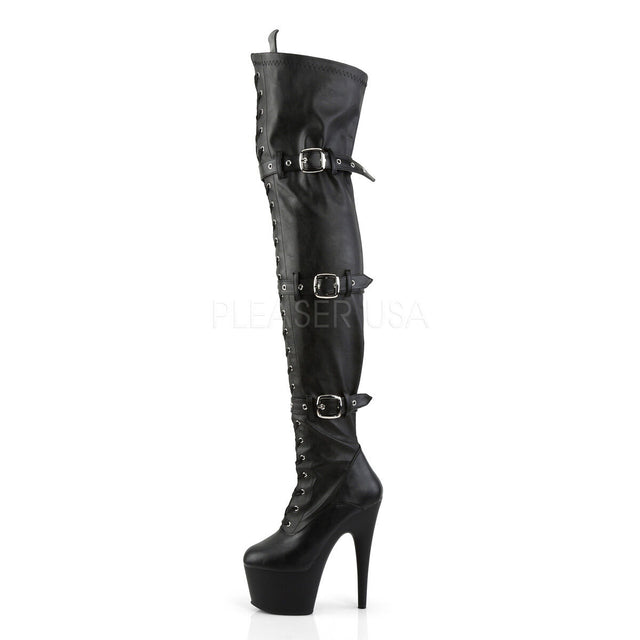 Adore 3028 Triple Buckle Thigh High Platform Torment Boot Black Stretch Matte NY - Totally Wicked Footwear