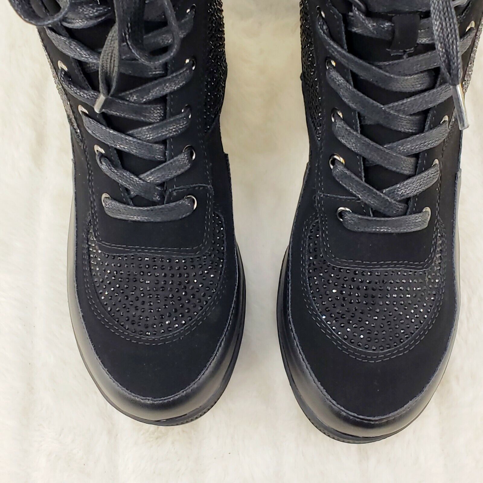 Queen Pin 2 Black Rhinestone Lace Up Platform Sneaker Combat Ankle Boots - Totally Wicked Footwear
