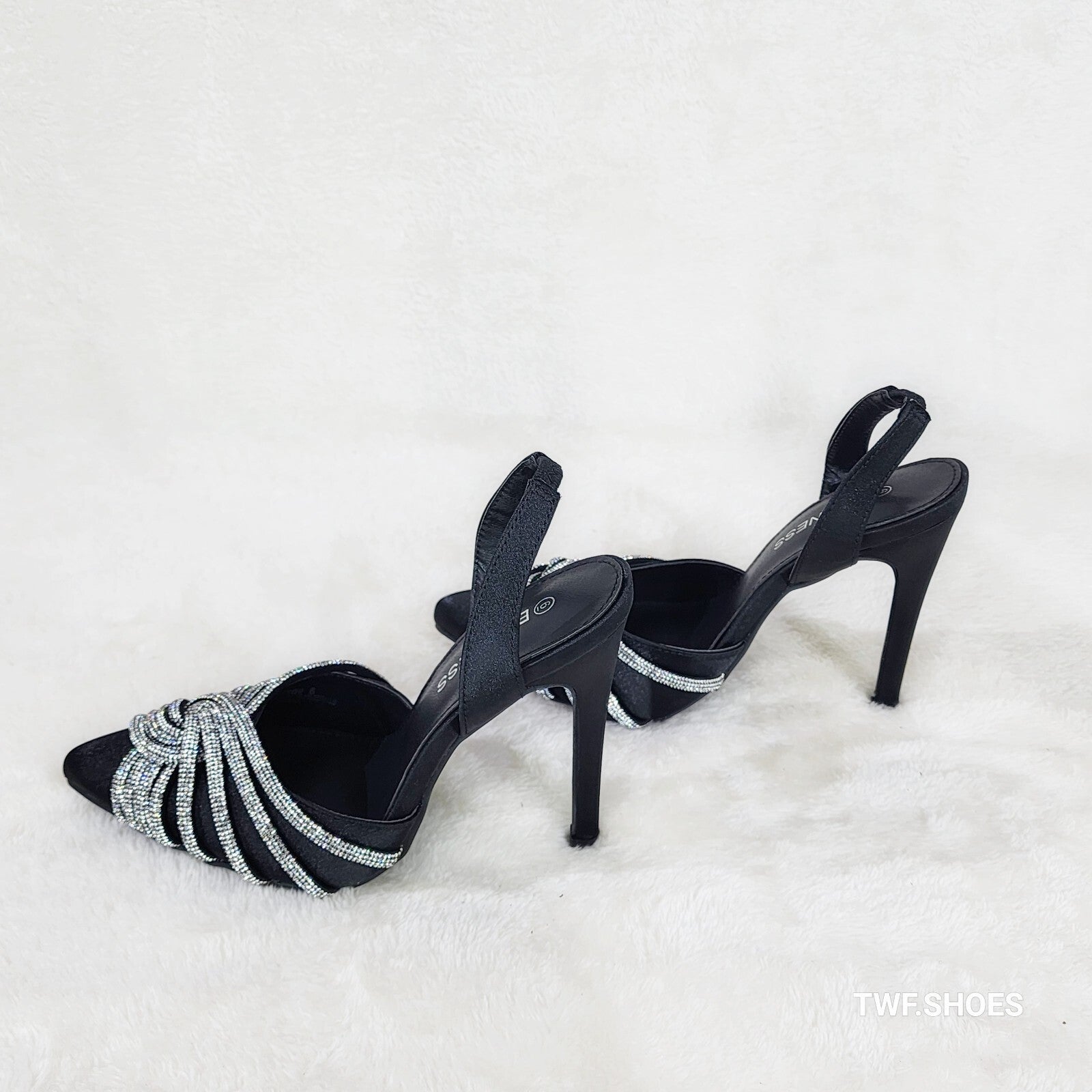 Elegance Slip on Slingback Black Satin Rhinestone Pointy Toe High Heels Shoes