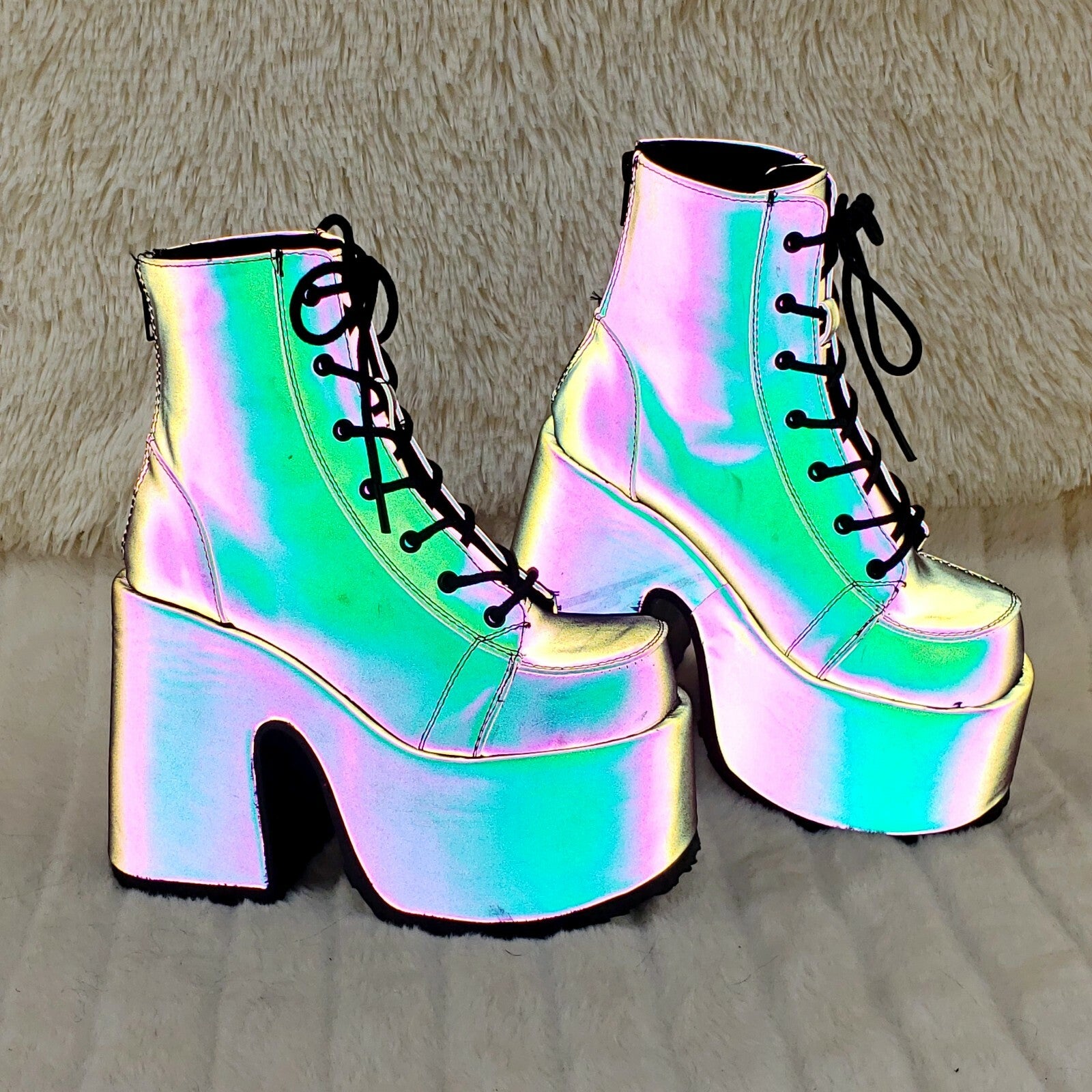 DEMONIA Camel 203 Purple Green Reflective Platform Goth Punk Ankle Boots NY