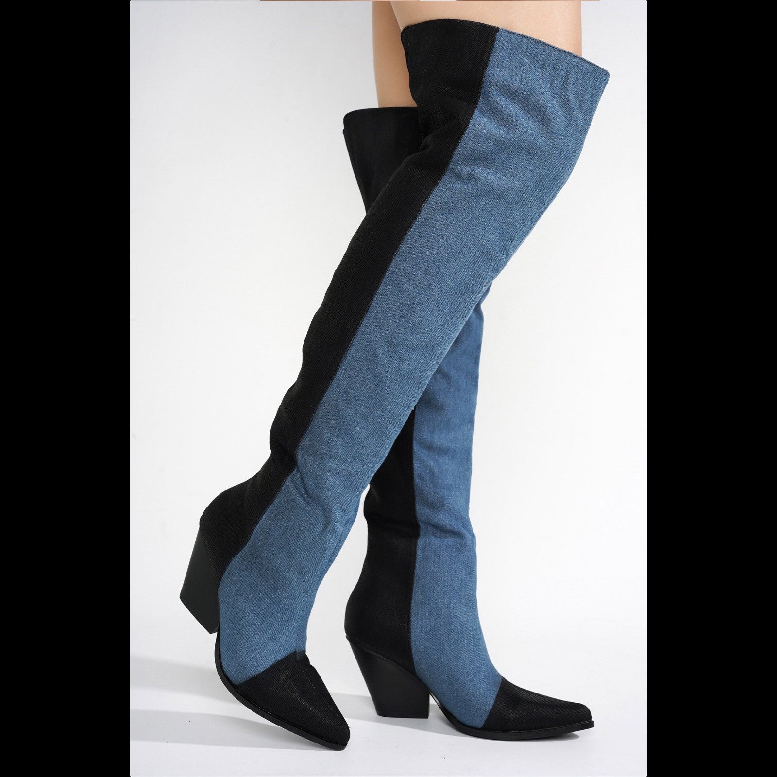 Iowa Denim 2 Tone Western Cowgirl Pull On Thigh High Boots
