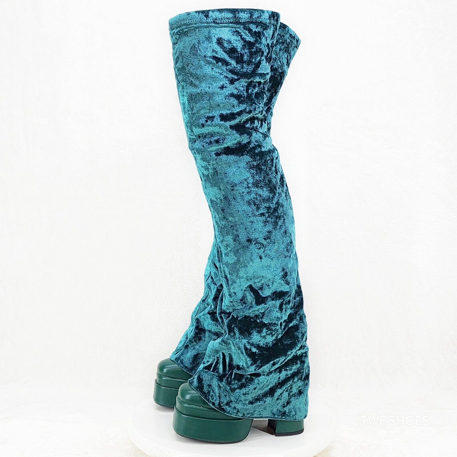 Unique Thigh High Green Velvet Fold over Skirted Chunky Heel Platform Boots - Totally Wicked Footwear
