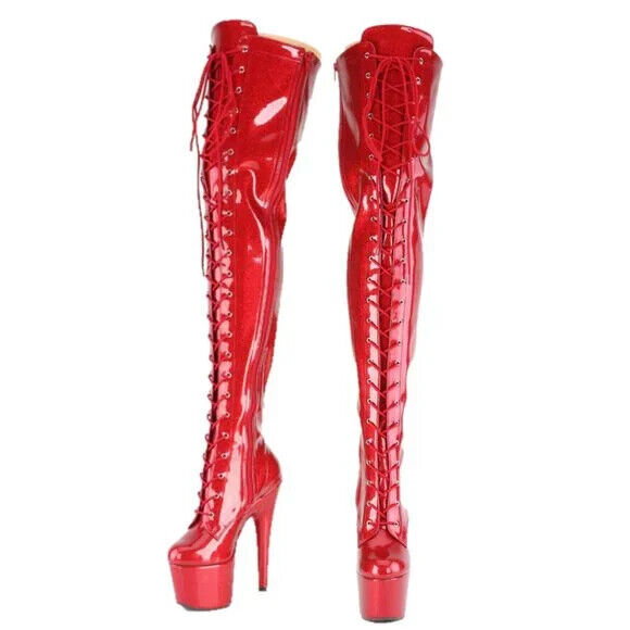 3020 Red Glitter Patent 3020 Lace Up Thigh High Platform Boots Adore 7" Heels - Totally Wicked Footwear