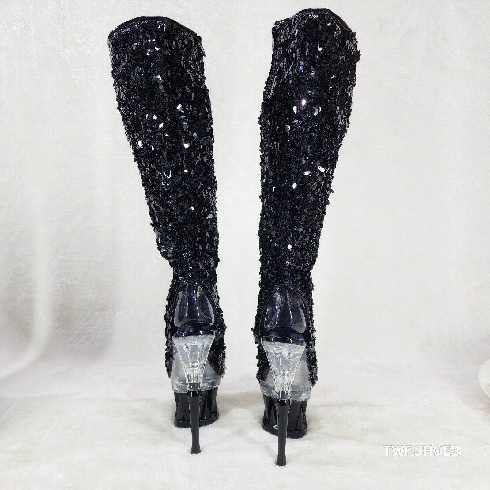 Pleaser Spiky Black Sequin Knee Boots Spiked Design Platform - Totally Wicked Footwear
