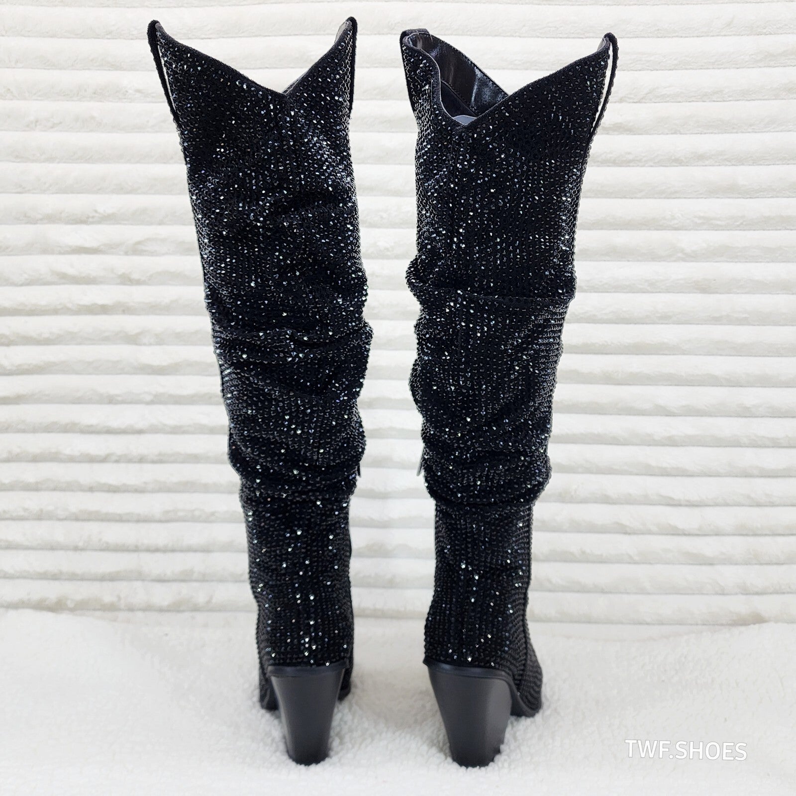 Cape Robbin Diamond Rider Black Rhinestone  Western Slouch Draped Knee Boots