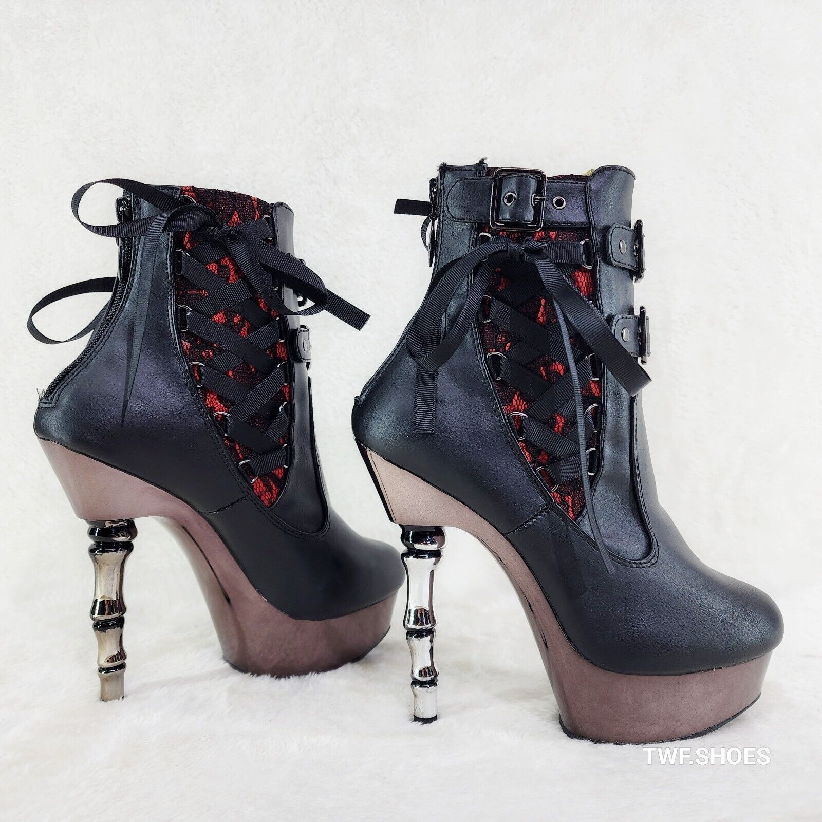 Muerto 1033 Red Lace Panel Finger Bone High Heel Platform Ankle Boots In House - Totally Wicked Footwear